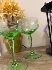 2 Vintage Green Depression Glass Floral Etch Optic Champagne Sherbet