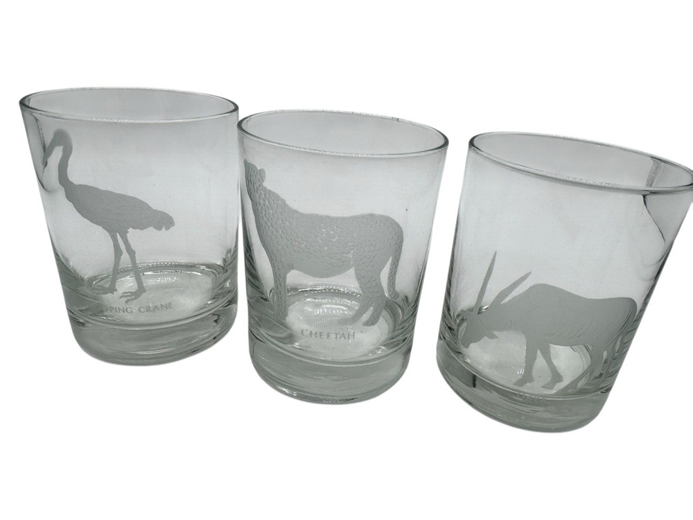 Set of 3 Vtg Georg Jensen Horchow Etched Animal Rocks Glasses Cheetah Crane Oryx