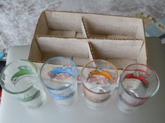 Hazel Ware Atlas Antique Car Tumblers Set of Four (4). In original Box!