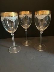 Vintage Gold Rimmed, Etched Wine Glasses, 8.25 inches, set of 3