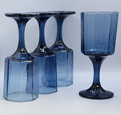4 x Libby Blue Paneled Octagon Shaped Stemmed Goblets / Glasses Facet Textured