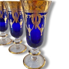 Interglass Italy Royal Blue 24K Gold Crystal Champagne Flutes Set of 6 Glasses