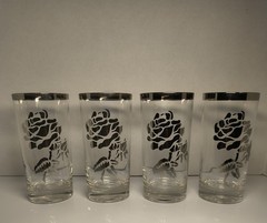 Silver Overlay Rose & Band Vintage Drinking Glass Set Of 4 MCM ~ Dorothy Thorpe?