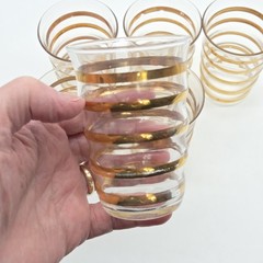 Ribbed Gold Stripe Clear Glasses Barware Juice 3 3/8″ Tall Lot Of 6 MCM VTG