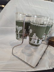 6 Vintage Wedgwood Green Jeanette Jasperware Grecian Highball Glasses & Bowl