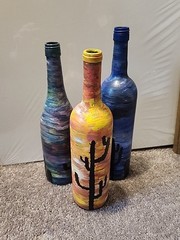 Hand Crafted Painted Wine Bottles Catcti Set Of 3