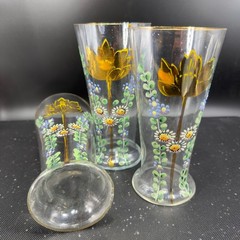 Antique Enamel Painted Floral Glass Tumblers Cups Tulip Daisy Gold Rim Set 3 VTG