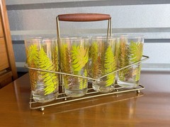 Vintage 1960’s – 1970’s MCM Libbey Style Fern Leaf Drinking Glasses- Brass Caddy