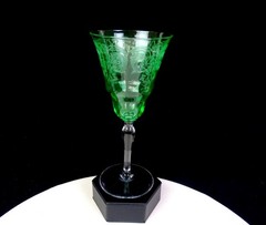 Bryce Bros Uranium Vaseline Glass 2 Paige Scrolls 8oz 7 7/8″ Water Goblets 1920