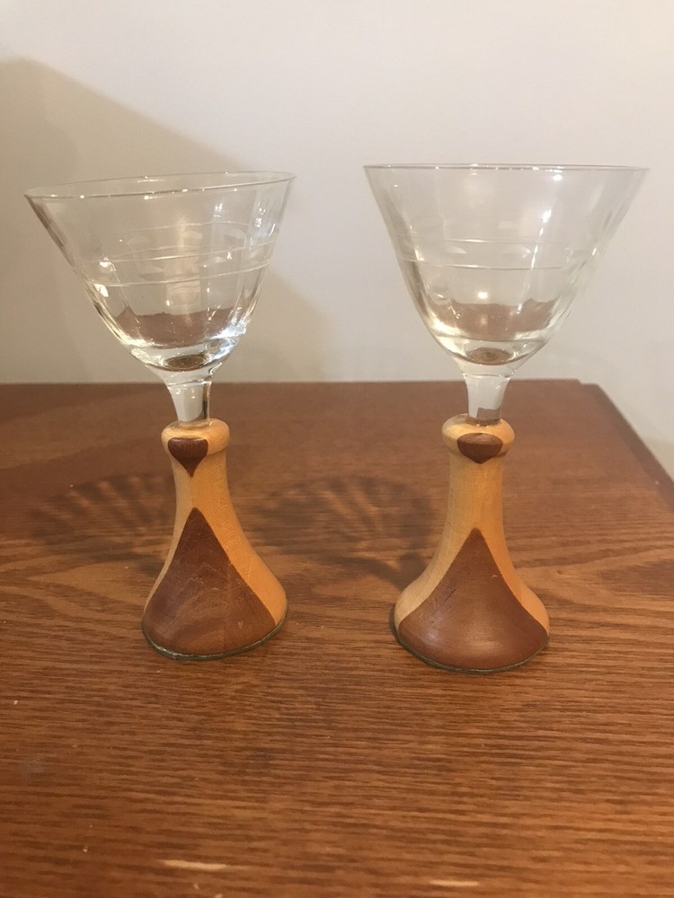 Vtg Set Of 2 Two Tone Wooden Stem Cordial Glasses Etched Flowers Handmade Base