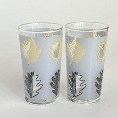 2 VTG-MCM Libbey Frosted Glass Tumblers w/Gold Leaf Leaves Pattern 4.5 Inches