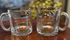 Set Of 2 Vintage Libbey Holly Berry Gold Rimmed Clear Mug Christmas Holiday