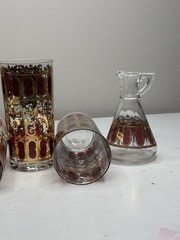 Vintage MCM Culver Cranberry Scroll 22Kt Told Filigree Highball 6 & Pitcher