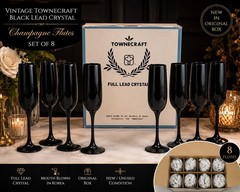 Rare VTG Ebony Townecraft Black Full Lead Crystal Champagne Flutes Set of 8 NIB
