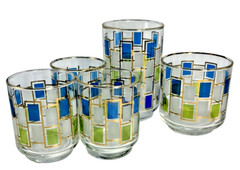 5 LIBBEY Glass NORDIC Gold Blue Green Squares ~3 Juice 1 Rocks & 1 Highball VTG