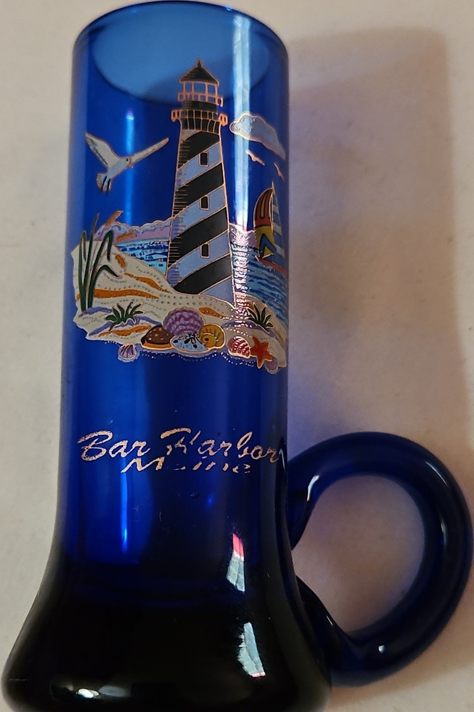 Blue Glass Bar Harbor Souvenir Mug w/ Lighthouse & Seagulls Nautical Theme