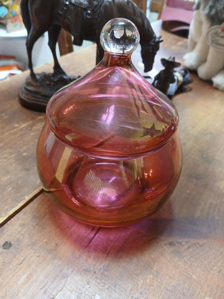 Vintage Handmade West Virginia Glass, Cranberry Lidded Candy Dish, With Label
