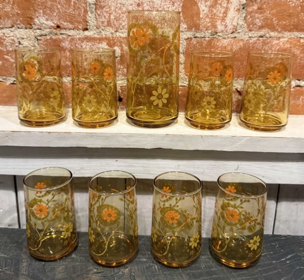 8 Libbey Amber Wheat w/ Bow 6oz Juice Glasses 3¾» + Bonus Glass Vintage MCM HTF!