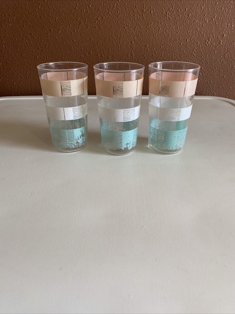 3 Vintage MCM Anchor Hocking 6″ Glasses Pink Teal Ribbon Pastel Ex Condition