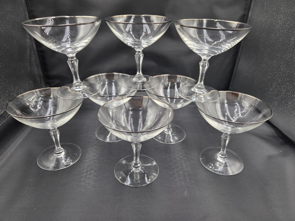 Vintage Champagne Coupe Glasses Platinum/silver rim Set of 8 Gatsby MCM