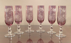 Romanian Etched Butterflies Ladybugs Dragonflies Amethyst CHAMPAGNE Glasses 6 PC