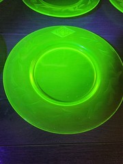 32 Piece Tiffin Etched Vaseline Glass Dinner Set – Lime Green Ribbed Stems RARE