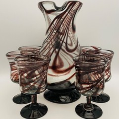 Amici Glass Brown Swirl Recycled Glass 7 Piece Beverage Service Set Mexico 112oz