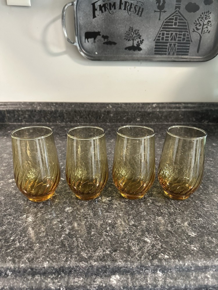 Vintage Amber Golden Anchor Hocking 12 Oz. Glasses Set Of 4
