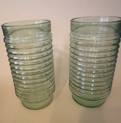 2 Vtg Anchor Hocking Green Glass Tumblers Raised Rings Ribbed 16 Oz No Chips MCM