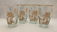 Set of 4 Vintage Libbey Rose Bouquet Gold Rim Flat Tumblers 5 ¼” Tall