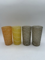 Vintage MCM Spaghetti String Glass Tumblers Set 4 Orange Yellow Gray
