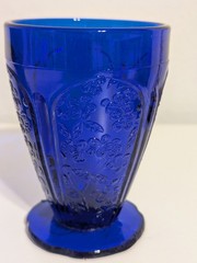 Pair Vintage Cobalt Blue Pressed Glass Footed Tumblers Floral Panel 3.5in