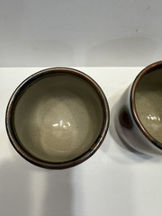Handmade Japanese Stoneware Yunomi Tea Cups Pottery Signed Pair 3.5” Japan Set