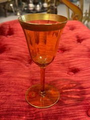 Vintage Amber Wine Glasses, Gold Rim Goblets, Hollywood Regency Barware Set