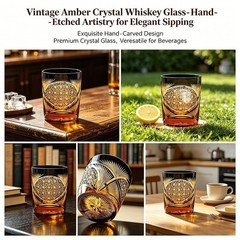 Luxury Handmade Edo Kiriko Whisky Brandy Crystal Cut Glass Amber Black Tumbler