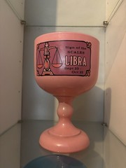 Unmarked Pink & Black Glass Goblet, Zodiac Libra Pattern Round Cup Drinkware