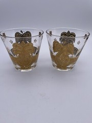 2 Georges Briard Pineapple Pear Lowball Rock Glass 22k Gold Forbidden Fruit MCM