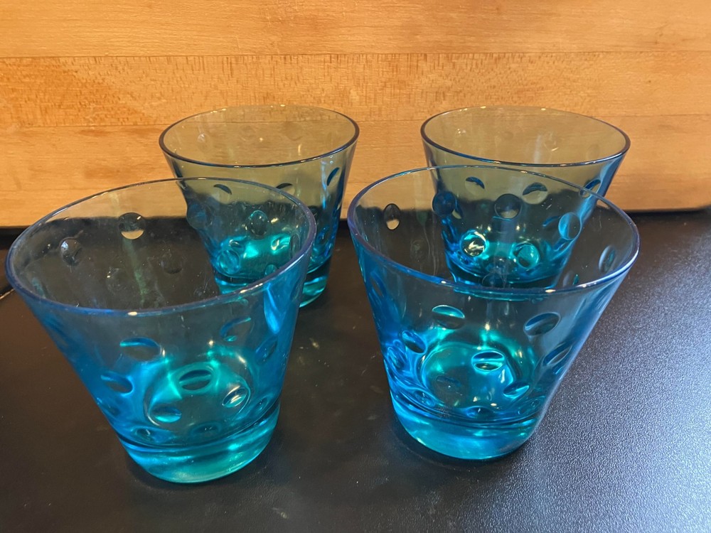 Set of 4 Vintage Hazel Atlas Blue Capri Dot Rocks Whiskey Glasses