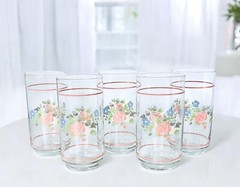 5 Libbey Pfaltzgraff PERENNIALS Tea Rose Floral Hand Painted Glass Coolers NEW