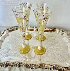 Set of 4 Crystal 24k Gold Rim Stemmed Etched Champagne Glasses Riccio Italy 7″