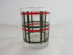 Georges Briard Rocks Glass Double Old Fashioned Red Green Gold Plaid 12oz Xmas