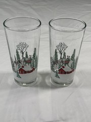 2 Vintage Frosted Winter Snow Scene Drink Glasses Christmas