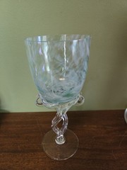 White & Green Swirl Art Glass Goblet, Decorated, 8.5 in Tall, 3.75 in Dia