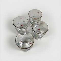 VTG Libbey Juice Glasses 3.5” Set of 4 Gold Rim Beach Blue Star MCM Retro Cute