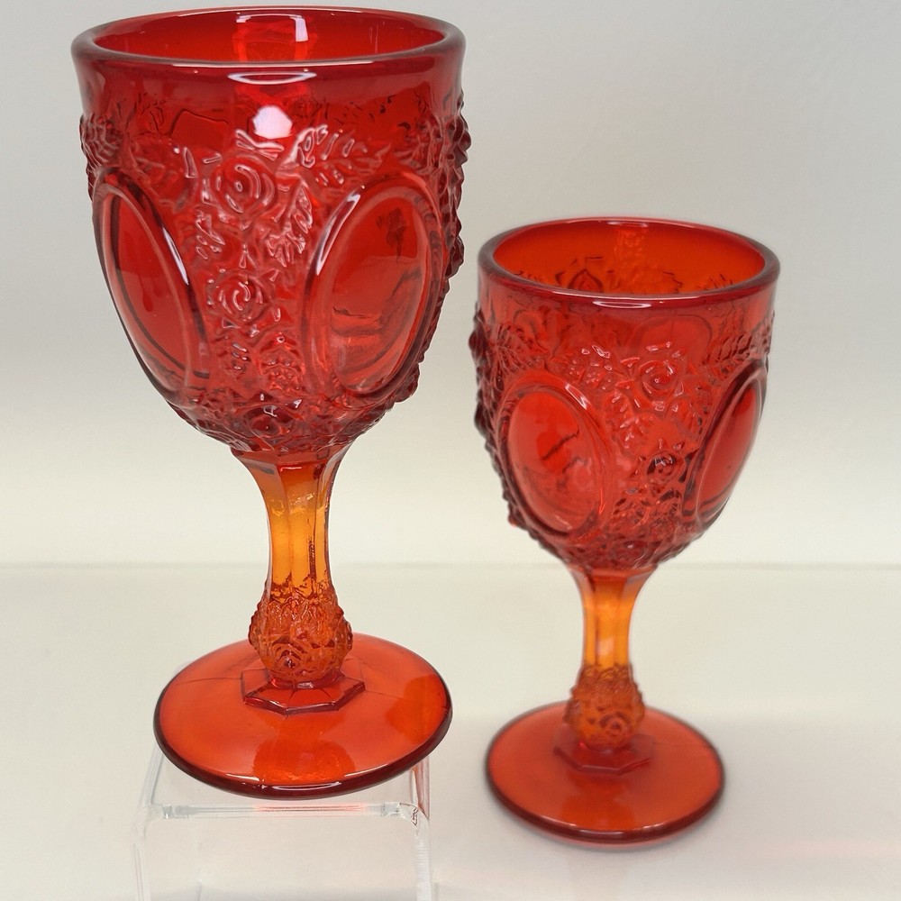 Fenton Mirrors & Roses Ruby By LG Wright Glasses (2) Vintage 5″ Goblet Amberina