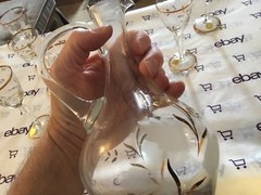 Romanian etched glass gold trim pitcher and liquor glass set