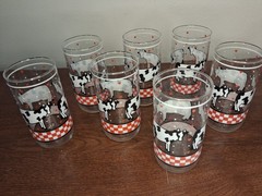 Vtg Libbey Cow Tumblers, Red White Checkered Heart Glasses Set Of 7 Farmhouse