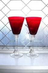 2 Pier 1 Ruby Red Fluted Ribbed Wine Goblets Clear Stem 9.5″ 12oz
