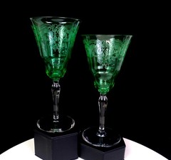 Bryce Bros Uranium Vaseline Glass 2 Paige Scrolls 8oz 7 7/8″ Water Goblets 1920