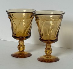 Set/2 Vintage Fostoria Jamestown Amber Swirl Water Goblets Glasses Twist Stem 6″